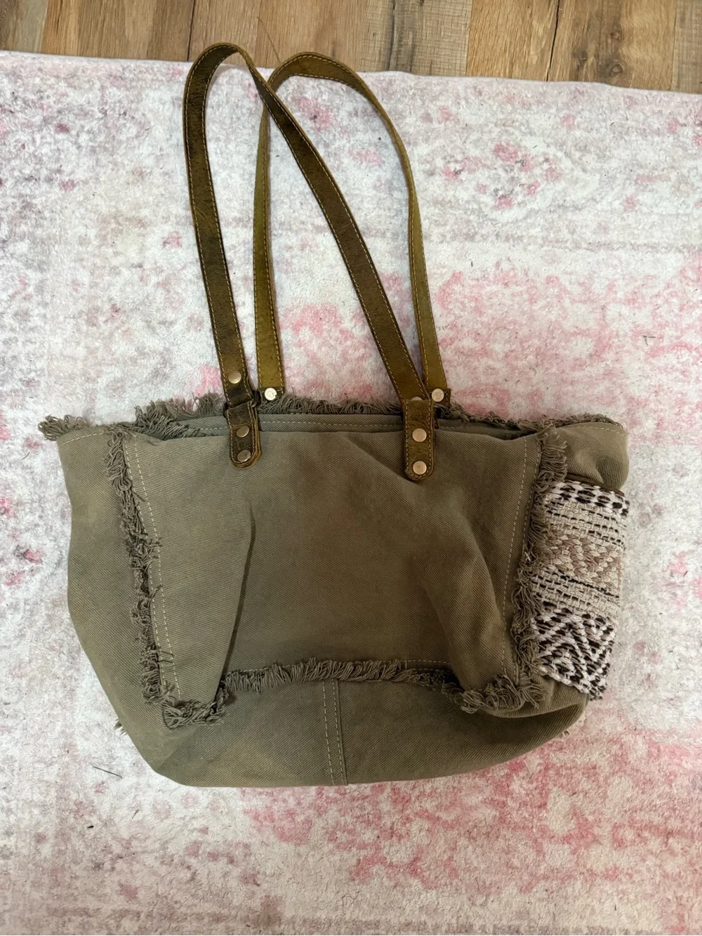 MYRA Boho Olive Green Tote Bag with Patterned Front Panel
